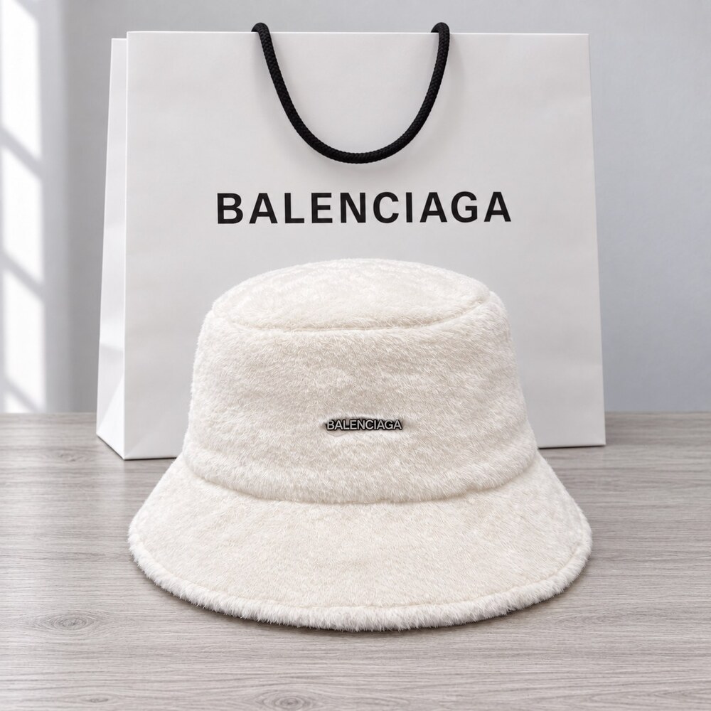 Balenciaga White Faux Fur Bucket Hat - Picture 1 of 6